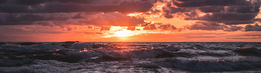 พระอาทิตย์ขึ้นที่ชายหาด – (3840×1080 และ 5120×1440 ) 32:9 Super Ultrawide, Orange Sunrise วอลล์เปเปอร์ HD
