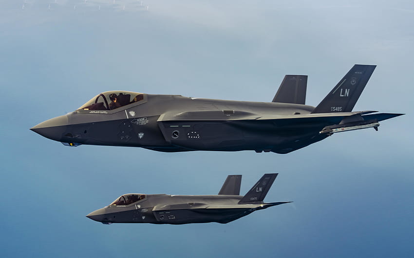 Lockheed Martin F-35 Lightning II, a pair of fighter jets, US Air Force, F-35 in the sky, combat aircraft, USA, F-35, military aircraft HD wallpaper
