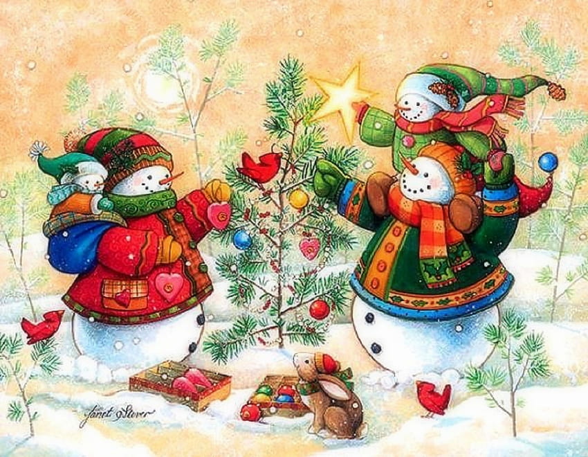 Snowman Family Decoration the Tree, snowman, mittens, decoration, family, christmas, scarf, hat, tree HD wallpaper