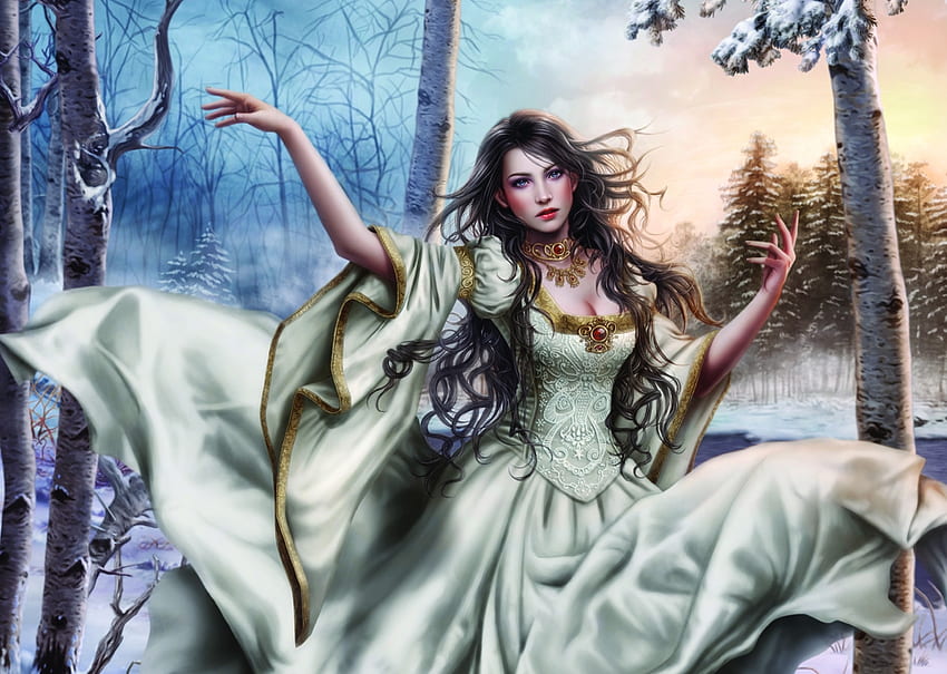 Winter girl, winter, frumusete, white, art, cris ortega, girl, wind, fantasy, iarna, luminos HD wallpaper