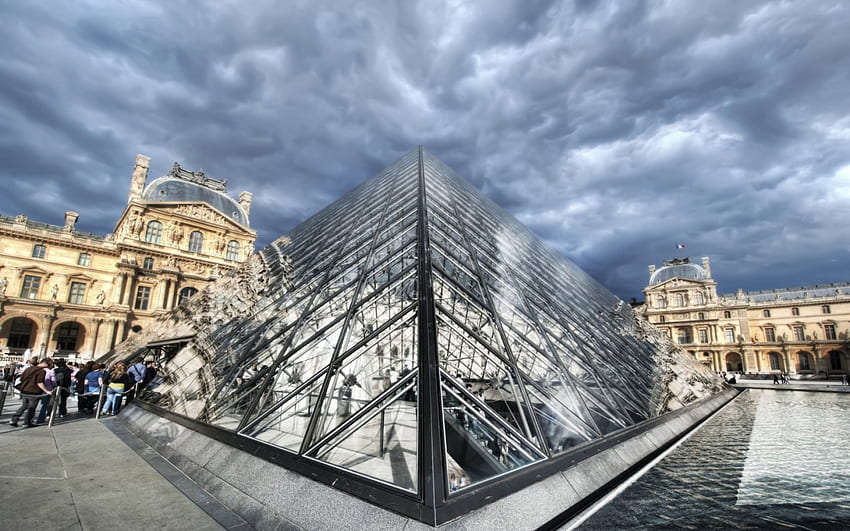 the louvre glass pyramid under cloudy sky r, museum, clouds, glass, r, pyramid HD wallpaper