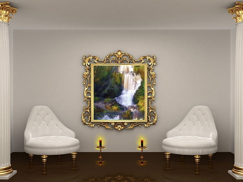 Interior, cadeira, quadros, quarto, arte papel de parede HD