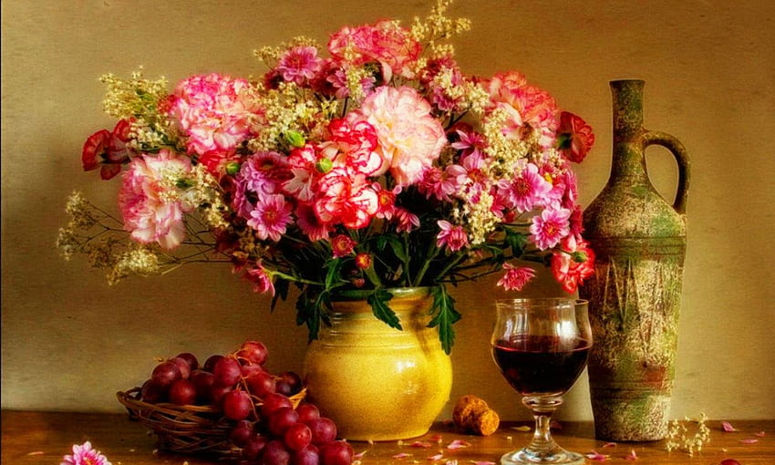 Martwa natura, bukiet, wazon, piękny, owoce, ładny, szkło, winogrono, kwiaty, śliczny, harmonia, wino Tapeta HD