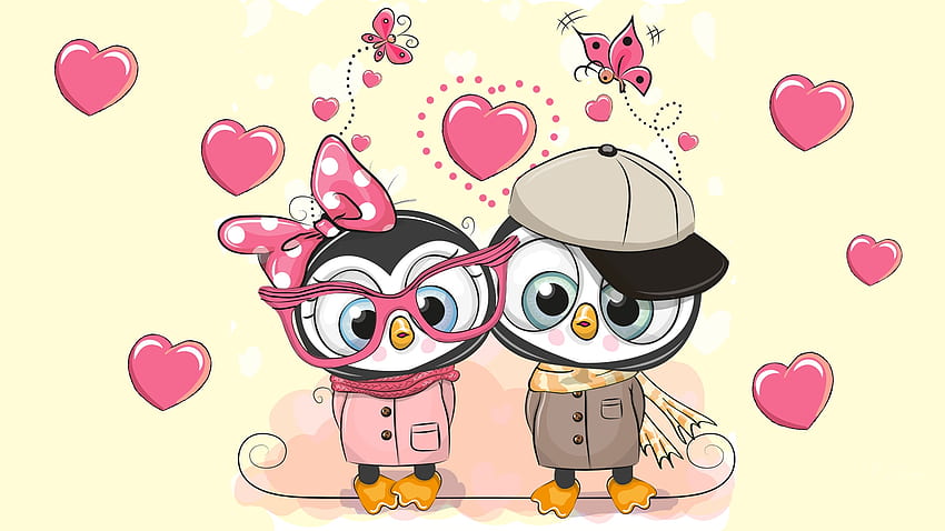 Simpatico pinguino San Valentino, cartone animato, carino, ragazza, tema Firefox Persona, gufi, farfalle, pinguini, San Valentino, ragazzo, febbraio, cuori Sfondo HD