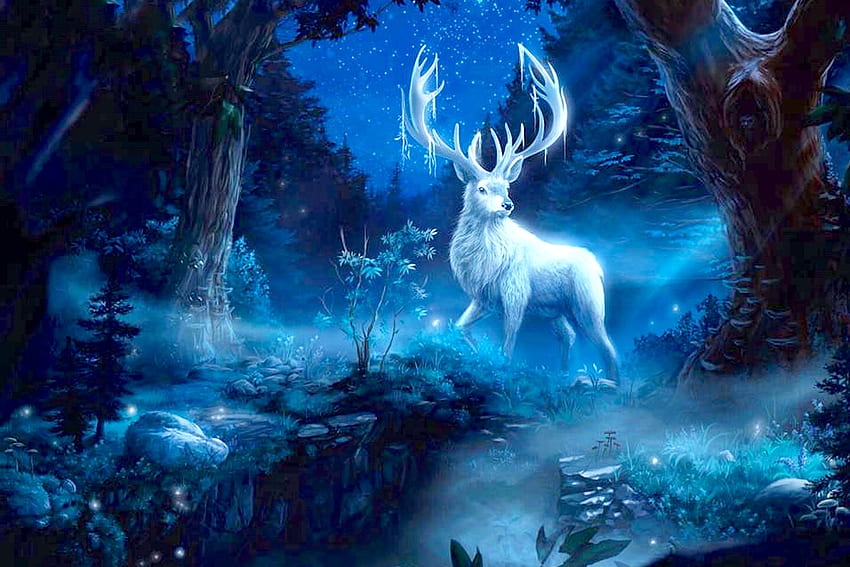 Бял фантастичен елен, нощ, синьо, бял, величествен, гора, красива, фантазия, природа, елен HD тапет