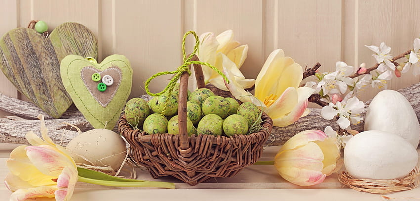 Wielkanoc, tulipan, Wesołych Świąt, tulipany, jajka, wiosna, kosz, pisanki, serce Tapeta HD