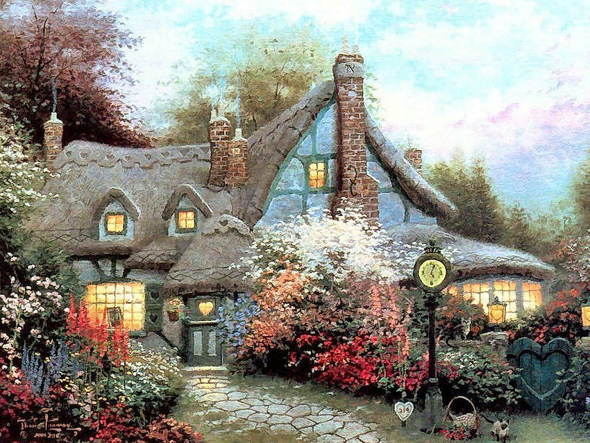 Bajkowy domek w tle. sztuka, Storybook Cottage Garden Tapeta HD
