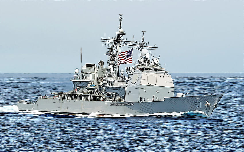 USS Lake Champlain, , grafika wektorowa, CG-57, krążowniki z pociskami kierowanymi, Marynarka Wojenna Stanów Zjednoczonych, Armia Stanów Zjednoczonych, abstrakcyjne statki, pancernik, Marynarka Wojenna Stanów Zjednoczonych, Klasa Ticonderoga, USS Lake Champlain CG-57 Tapeta HD