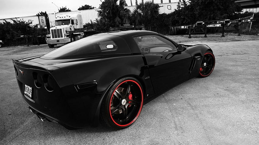 black and white corvette z06, parking, car, red trim, black and white HD wallpaper