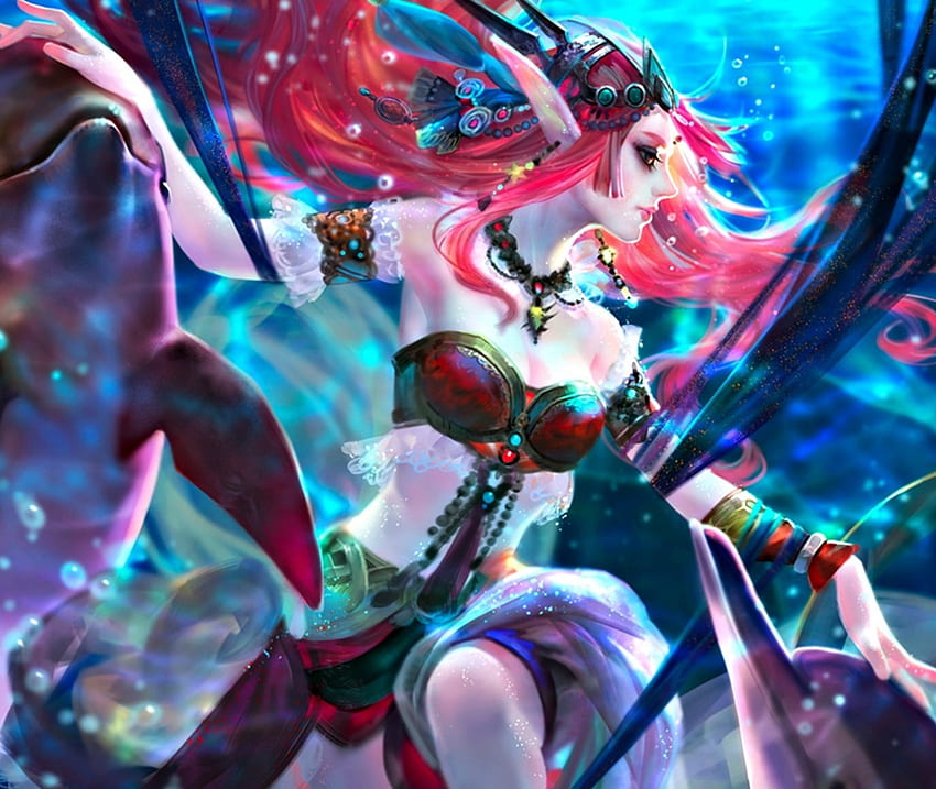 Ocean Queen, blue, sea, art, girl, woman, yu-han, pink, fantasy, game, underwater, luminos HD wallpaper