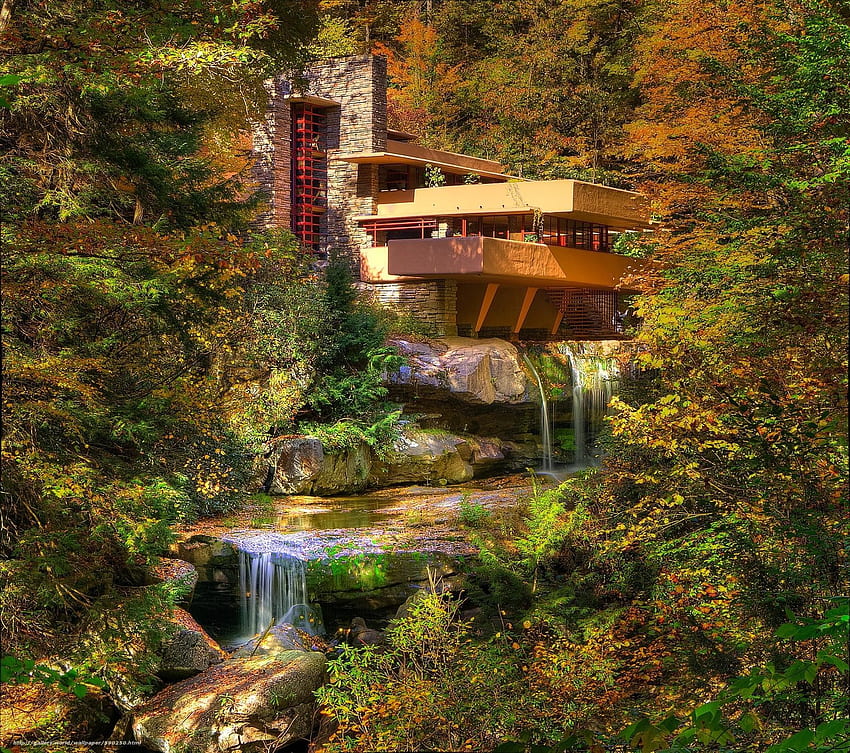 Fallingwater, Pensylwania, jesień, wodospad. Spadająca woda dom, Spadająca woda Frank Lloyd Wright, Frank Lloyd Wright Tapeta HD