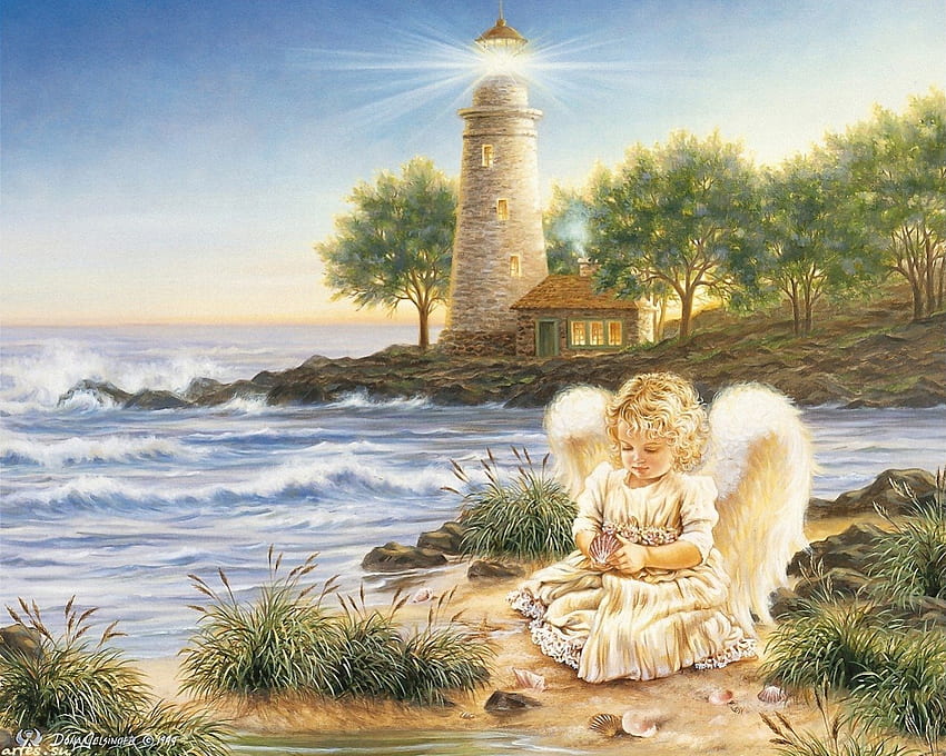 little joy, wings, lighthouse, angel, water HD wallpaper