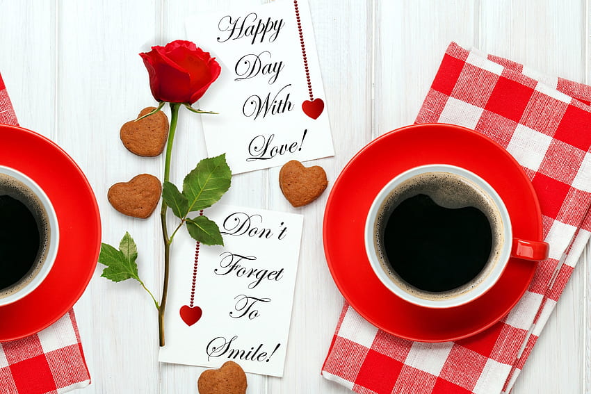 Happy day with love always!, wooden, two, cups, background, rose, day, message, single, coffee, hearts, always smile, happy, good, good morning, text, hq, cafe, red, with love, cookies HD wallpaper