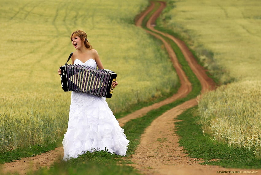 Wedding Melody, accordion, white, graphy, beautiful, dress, beauty, woman, field, road, nature, bride, gown HD wallpaper