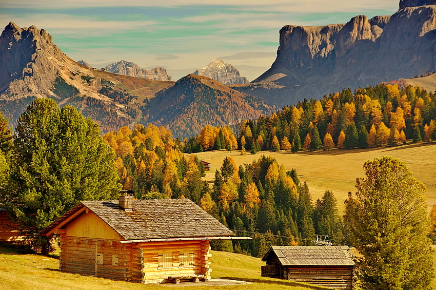 Autumn in Italy, fall, valley, autumn, beautiful, forest, houses, mountain, hills, Italy, trees HD wallpaper