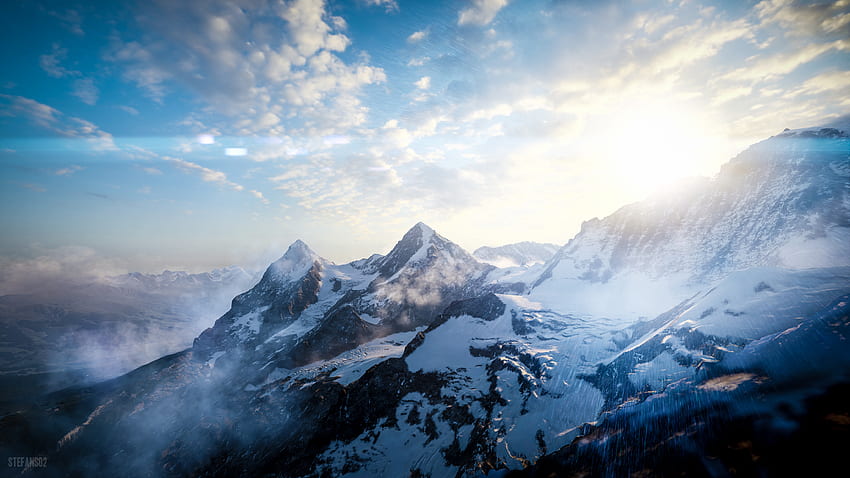 Natureza, céu, montanhas, vista de cima, vértice, tops, coberto de neve, neve, luz solar papel de parede HD