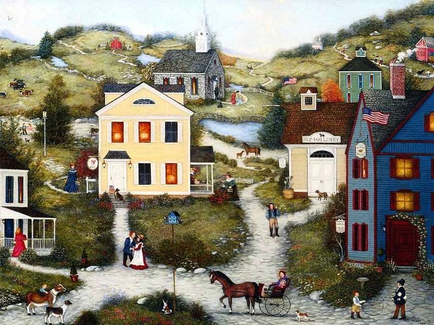 Americana Art - Old Dog Livery, folk, colony, painting, art, town, americana, settlers HD wallpaper