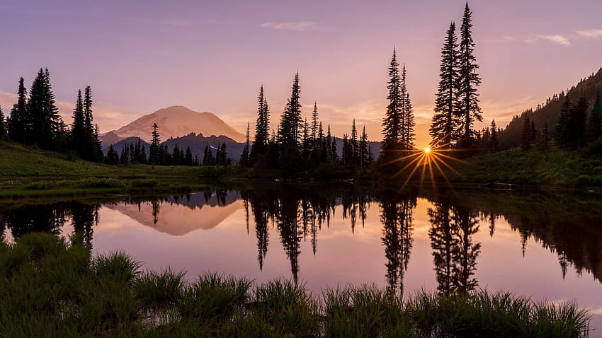 Sunset at Upper Lake Tipsoo, Mt Rainier, Washington, colors, sky, water, reflections, usa, mountain HD wallpaper