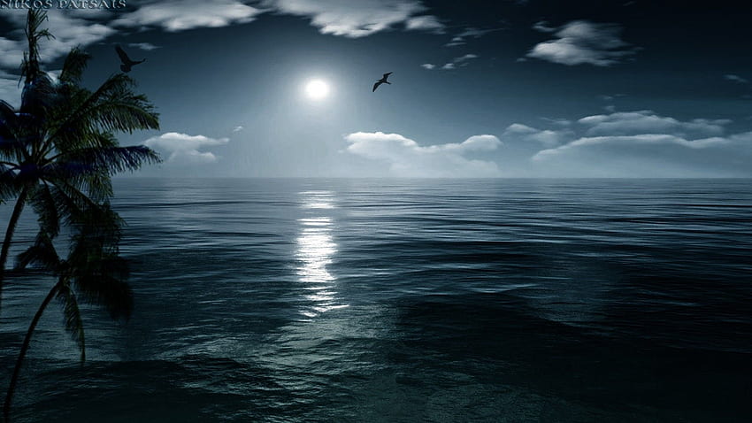 Nature Perfect Night Sea Island Moon Ocean - Изглед към океана с висока разделителна способност HD тапет