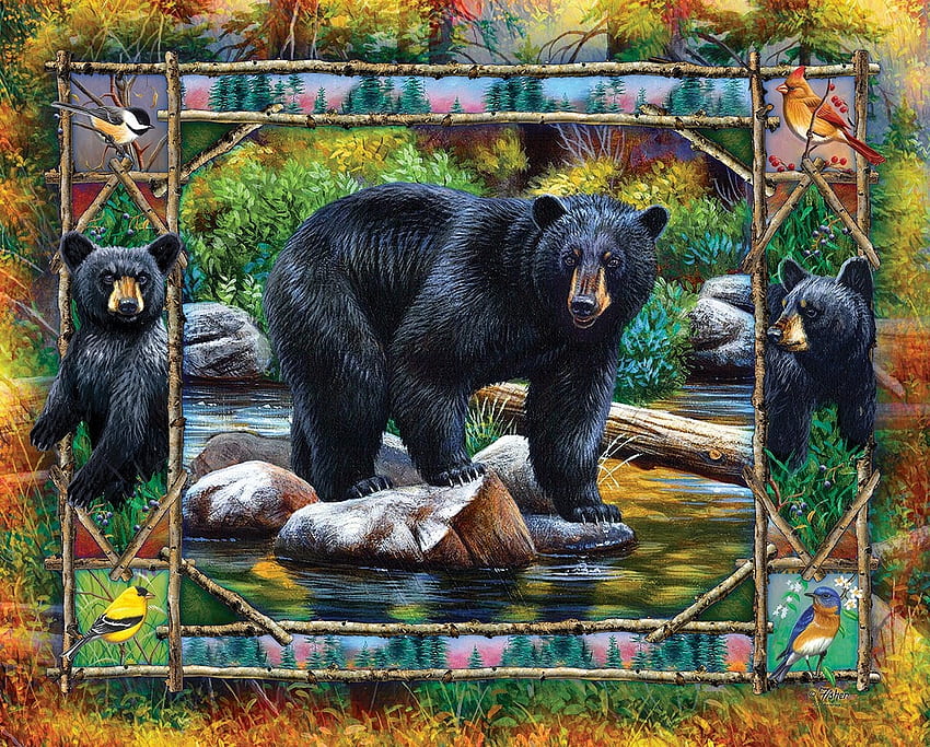 Black Bears, bears, puzzle, black, three HD wallpaper