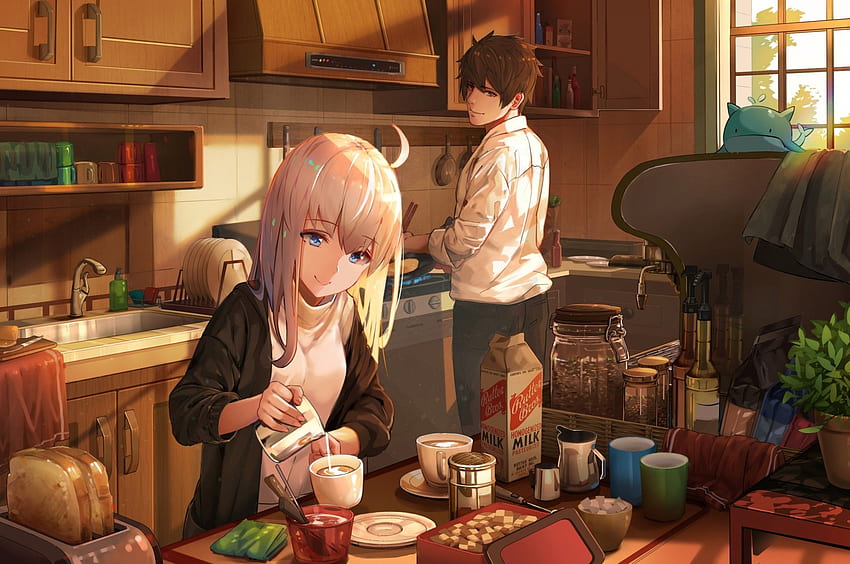 Anime Couple, Kitchen, Dessert, Sunlight for Chromebook Pixel HD wallpaper