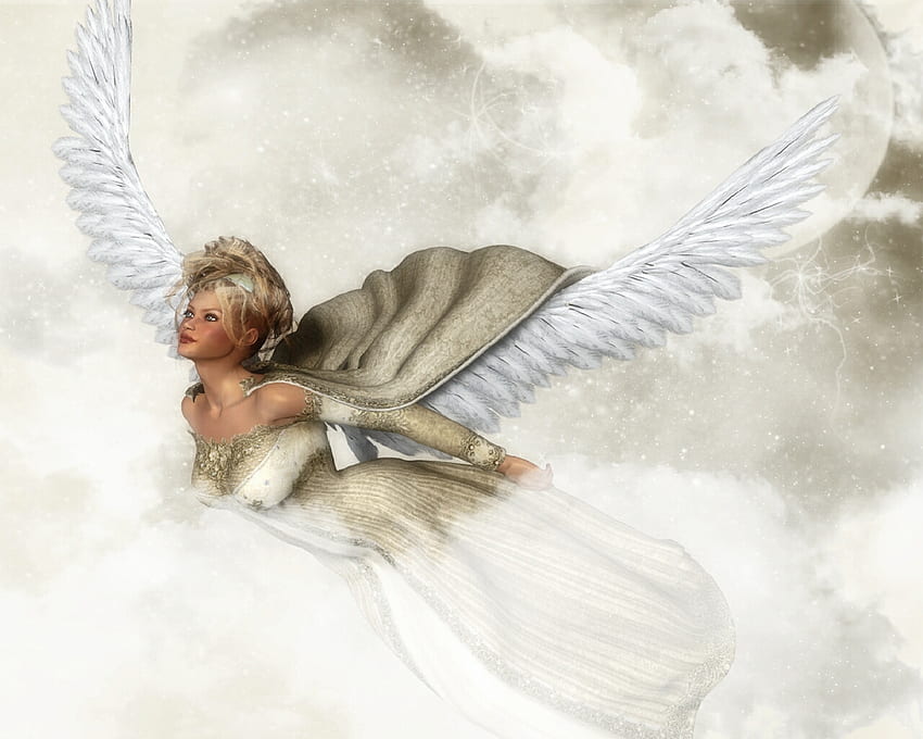 天国への飛行、飛行、雲、天使、天国 高画質の壁紙