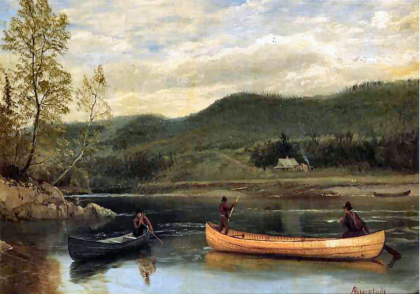 Men in Two Canoes , Albert Bierstadt, arte, pesca, bellissimo, illustrazione, Bierstadt, opera d'arte, schermo panoramico, Old Master, pittura, canoe Sfondo HD