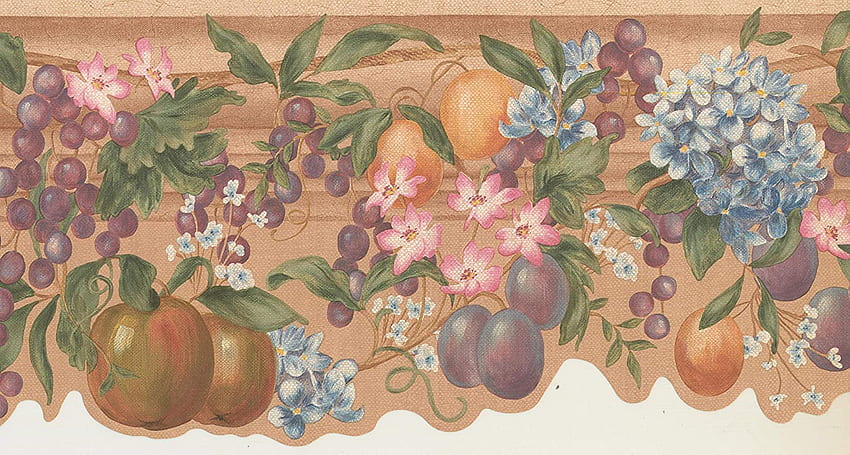 Borde prepegado - Vintage Apple Plum Grapes Blue Pink Flowers Diseño retro de borde de pared floral festoneado envejecido, rollo de 15 pies x 10 pulgadas, flor estética vintage fondo de pantalla