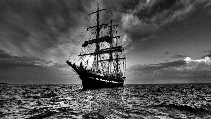 Aperçu navire, mer, voile, tempête, noir blanc Fond d'écran HD