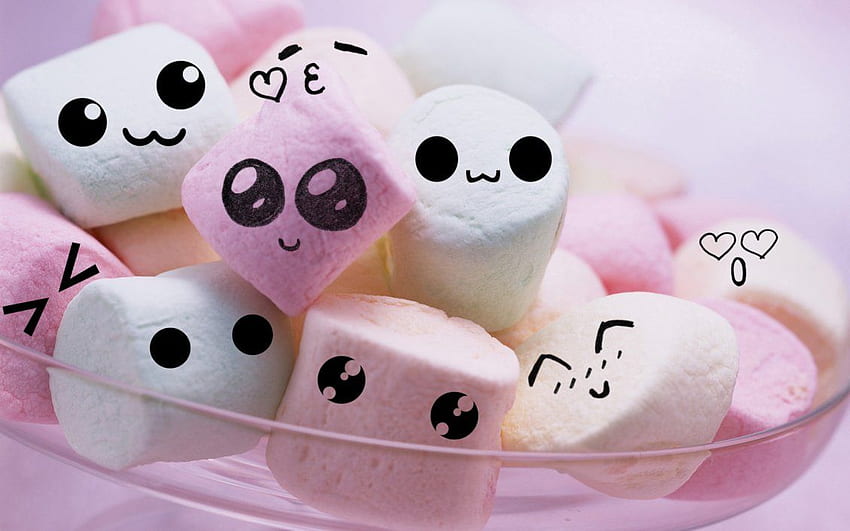Cute and funny faces on marshmallows, Cute Food with Faces HD wallpaper