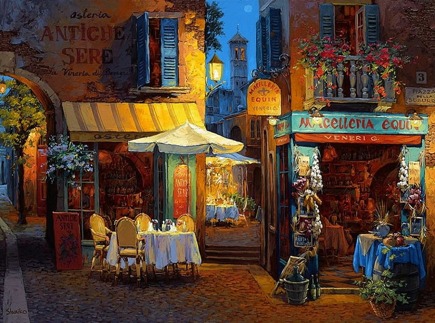 Dinner in Verona, artwork, chairs, Restaurant, place, painting, tables, houses HD wallpaper