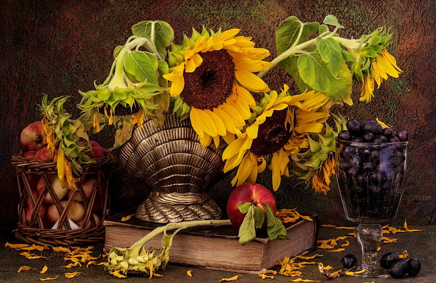 Stillleben, Früchte, Natur, Sonnenblumen HD-Hintergrundbild