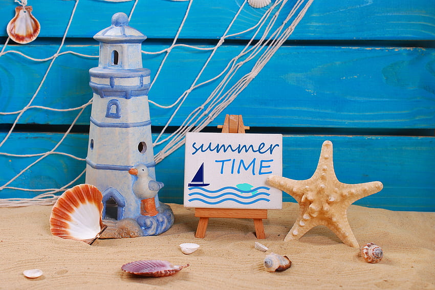 Summer time, blue, starfish, summer, shell, lighthouse, card HD wallpaper
