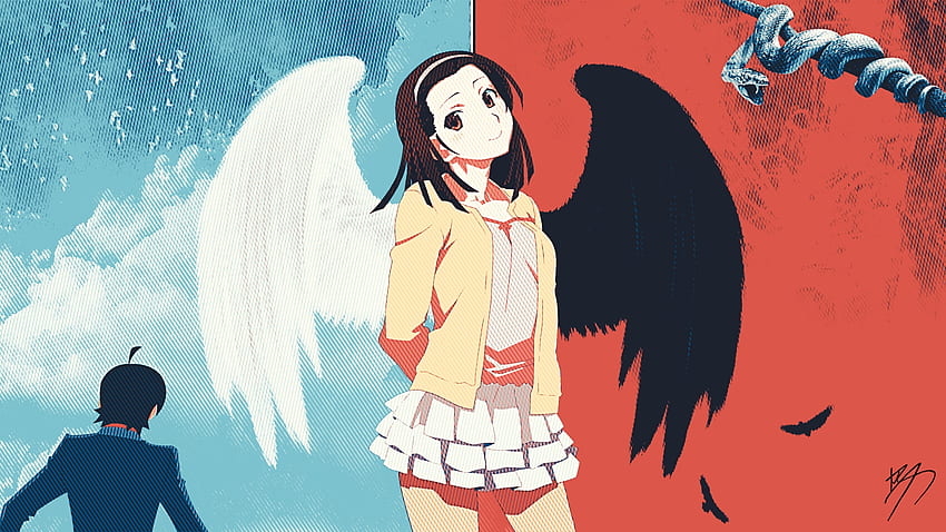 Nadeko Sengoku, Bakemonogatari, Happy Anime Girl, Wings, , , Background, Ijcby9, Sengoku Nadeko HD wallpaper