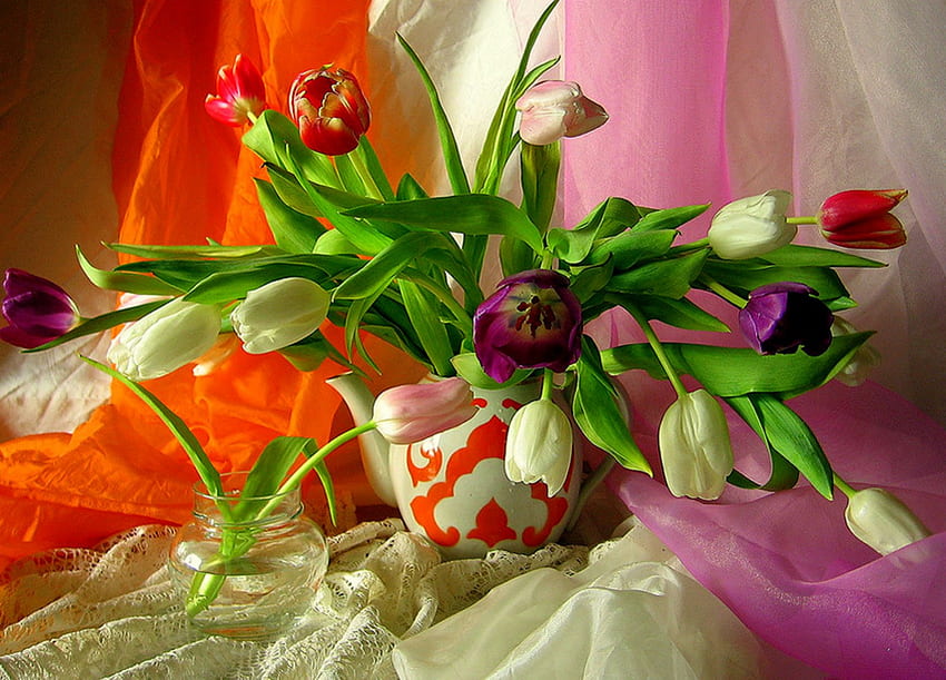 Bold And Beautiful, scarces, still life, vase, flowers, tulips HD wallpaper