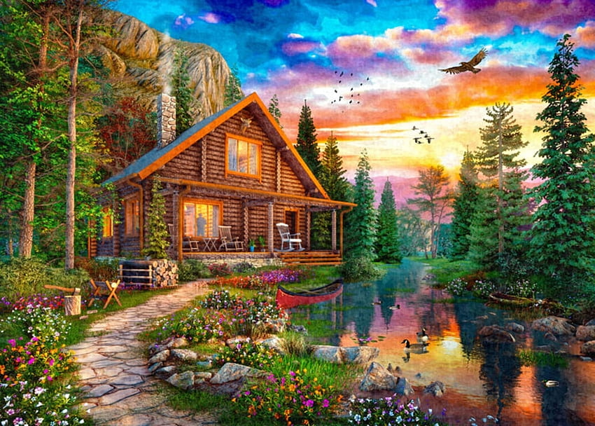 Forest Mountain House, dominic davison, pictura, chalet, eau, lac, montagne, art, maison, peinture, coucher de soleil Fond d'écran HD