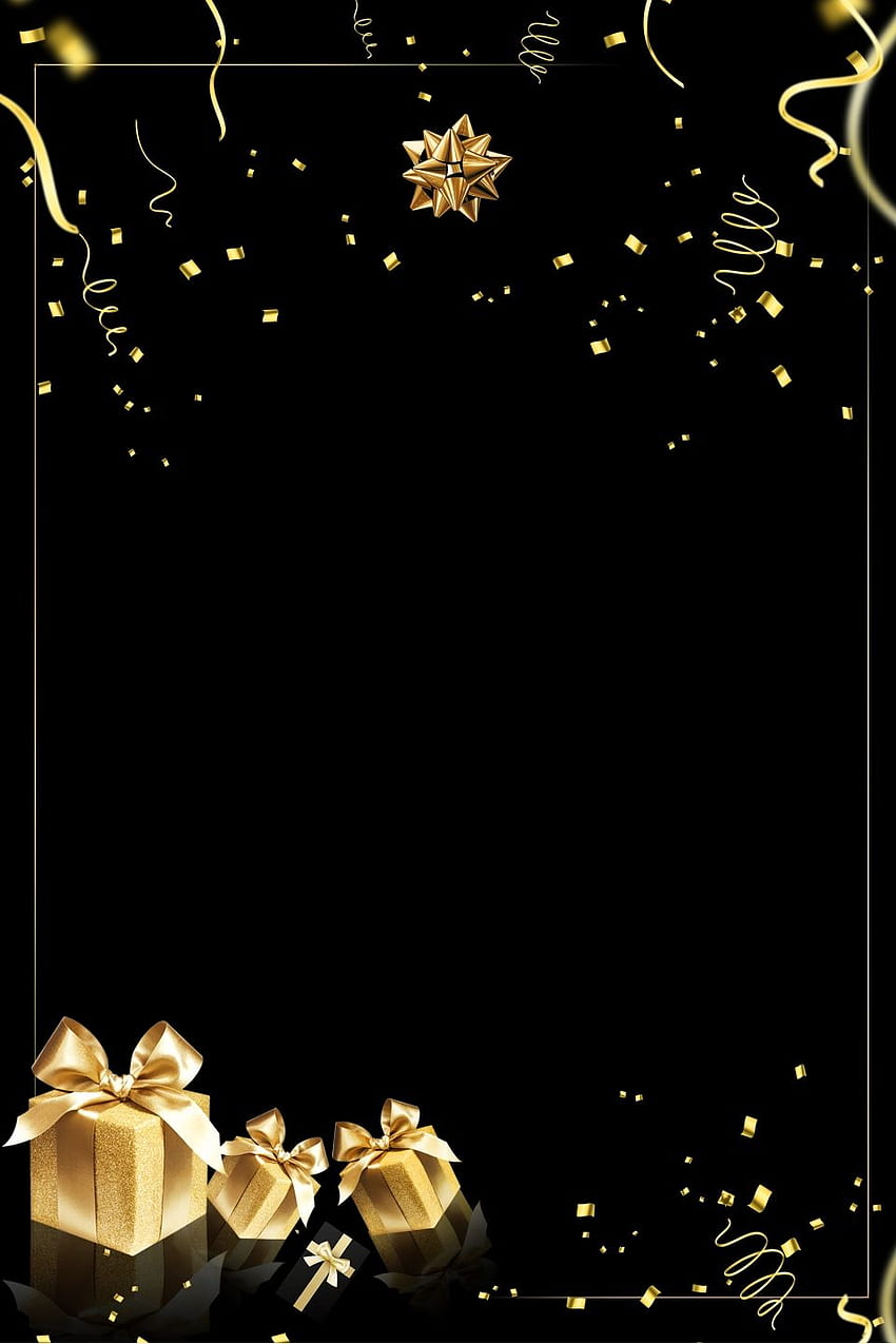 Invitation dorée sur fond noir. Fond doré, cadre de Noël, invitation noire, ballons noirs et dorés Fond d'écran de téléphone HD