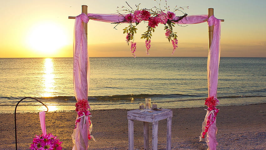 Romantic Beach Flowers Sunset Ocean graphy Pink - Wedding HD тапет
