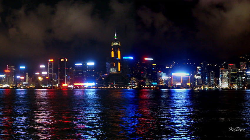 Hong Kong Bright, night, China, city, Hong Kong, buildings, sky scrapers, neon, reflection, bright, lights, port, water, Chinese HD wallpaper