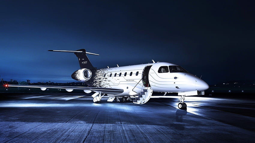 Embraer, Legacy 500, jet privato, aereo, aeroporto, notte, luci, scala, Embraer EMB 550 aerei e aerei Sfondo HD
