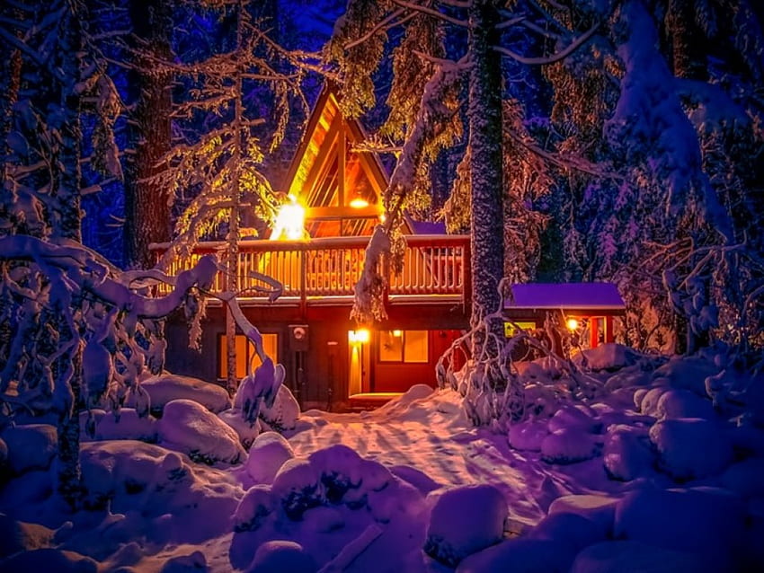 Casa de campo na floresta, inverno, pacífica, bonita, cabine, ao ar livre, neve, luzes, natal, natureza, casa de campo, linda, floresta papel de parede HD