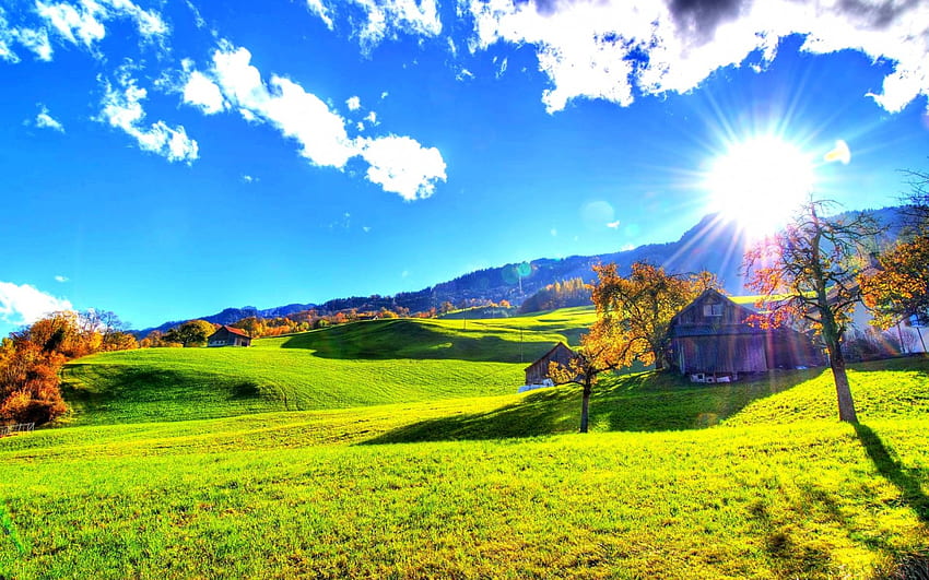 朝焼け、大草原、牧草地、丘、美しい、晴れた日、家、日の出、雲、木、輝く 高画質の壁紙