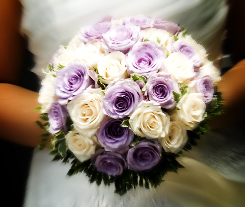 wedding bouquet, bouquet, wedding, white roses, flowers, purple roses, bride, bridal HD wallpaper