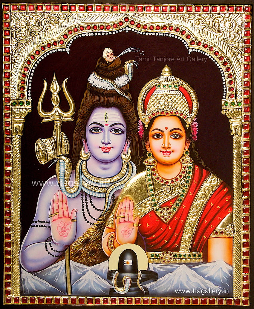 SIVAN PARVATHI Dipinto di Tanjore. Pittura Tanjore, pittura Lord Shiva, arte indù, Thanjavur Sfondo del telefono HD