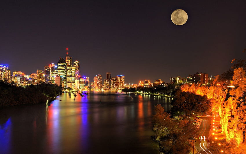 Städte, Flüsse, Nacht, Stadt, Glanz, Licht, Wolkenkratzer HD-Hintergrundbild