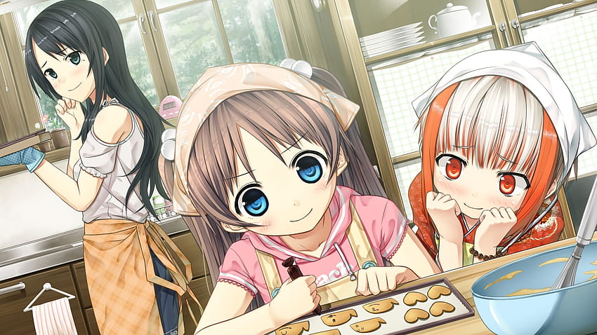 monobeno, sawai natsuha, sumi, girl, cute, smile, dough, kitchen, Anime Kitchen HD wallpaper