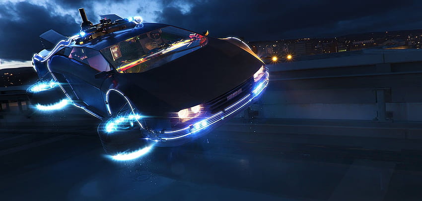 Gray car, digital art, DeLorean, time travel, Back to the Future, Flying Cars HD wallpaper