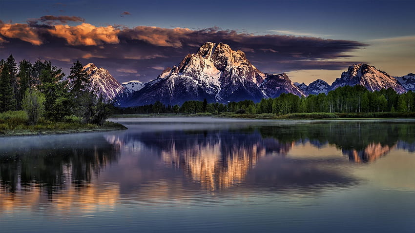 lake in beautiful grand tetons national park, reflection, clouds, mountains, forest, lake HD wallpaper