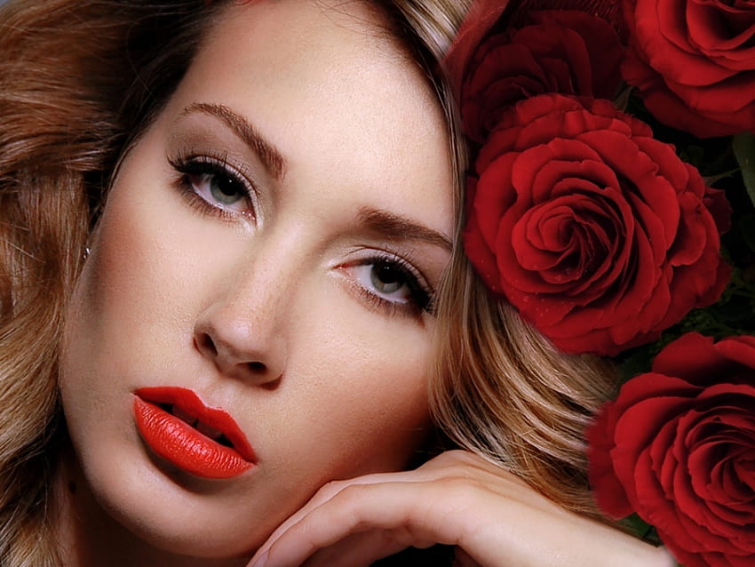 Bibir, manis, warna, mawar, berambut cokelat, cantik, wanita, cantik, merah, romantis, dia, lihat, wanita Wallpaper HD