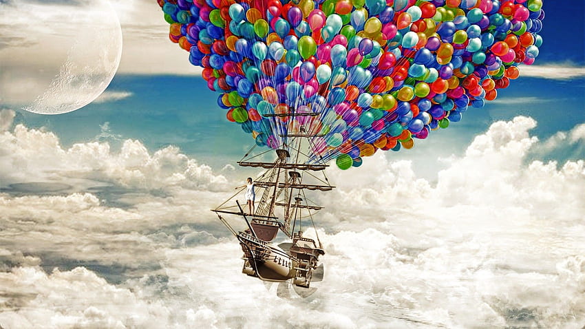 ship, Sail, Ship, Schooner, Balloons, Clouds, Moon, Balloon HD wallpaper